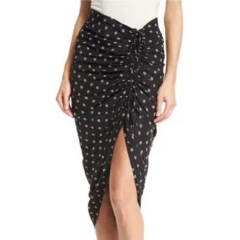 Black Polka Dot Ruched Front Midi Skirt